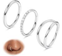 BodyBonita 16G Silver Nose Rings - 3pcs Surgical Steel Double Septum Ring Hoops Hinged CZ Septum Clicker Lip Ring Cartilage Earring Helix Rook 7 mm