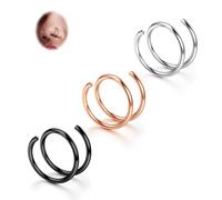 BodyBonita 3Pcs Mixed Color Softened 316L Stainless Steel Double Hoop Nose Ring for Single Piercing 20G Bendable Right Twist Spiral Nose Rings Hoops for Women 8 mm