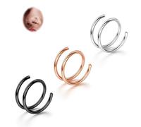 BodyBonita 3Pcs Mixed Color Softened 316L Stainless Steel Double Hoop Nose Ring for Single Piercing 20G Bendable Left Twist Spiral Nose Rings Hoops for Women 10 mm