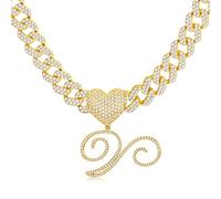 BodyBonita Cursive 18K Gold Plated Initial Necklace - Iced Out Miami Cuban Link Chain for Women 18K Gold Plated Alphabet Letter Pendant Personalised Necklace