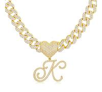 BodyBonita Cursive Gold Initial Pendant Necklace Iced Out Miami Cuban Link Chain for Women 18K Gold Plated Alphabet Letter Pendant Necklace