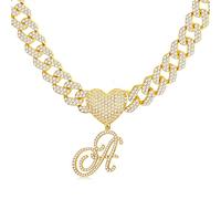 BodyBonita Cursive Gold Initial Pendant Necklace Iced Out Miami Cuban Link Chain for Women 18K Gold Plated Alphabet Letter Pendant Necklace