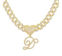 BodyBonita Cursive Gold Initial Pendant Necklace Iced Out Miami Cuban Link Chain for Women 18K Gold Plated Alphabet Letter Pendant Necklace