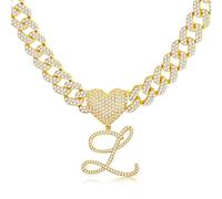 BodyBonita Cursive Gold Initial Pendant Necklace Iced Out Miami Cuban Link Chain for Women 18K Gold Plated Alphabet Letter Pendant Necklace