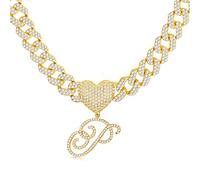 BodyBonita Cursive Gold Initial Pendant Necklace Iced Out Miami Cuban Link Chain for Women 18K Gold Plated Alphabet Letter Pendant Necklace
