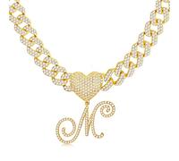 BodyBonita Cursive Gold Plated Initial Necklace - Iced Out Miami Cuban Link Chain for Women Gold Plated Alphabet Letter Pendant Personalised Necklace