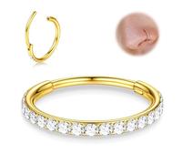 BodyBonita G23 Titanium CZ Nose Ring - 14k Gold Plated 20G Septum Rings Nose Hoop Clicker Cartilage Earring for Women Helix Rook Tragus Conch Piercing Jewellery Lobe Daith Snug Ring 8 mm