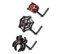 BodyBonita Halloween Nose Studs Ring, 316 Surgical Steel 20G Nose Rings, L Shaped Bend Nostril Nose Piercing Jewelry, Dangle Spider Bat Web Heart Red CZ Nose Stud for Women Men Black 3Pcs, Stainless