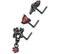 BodyBonita Halloween Nose Studs Ring, 316 Surgical Steel 20G Nose Rings, L Shaped Bend Nostril Nose Piercing Jewelry, Dangle Spider Bat Web Heart Red CZ Nose Stud for Women Men Black 3Pcs, Stainless