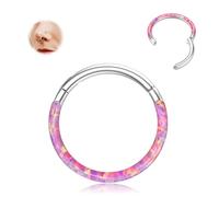 BodyBonita Hinged Opal Nose Rings Hoops - 18G 316L Surgical Steel Hinged Hoop Nose Rings for Women Conch Piercing Jewellery Helix Daith Cartilage Earring Pink Opal 10 mm Silver