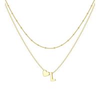 BodyBonita Layered Initial L Heart Necklace - Dainty 16K Gold Plated Tiny Letter Heart Necklace Chain Monogram Name Personalized Necklaces Jewellery