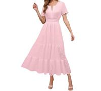 Bodycon Dress Summer Maxi Dress for Women Puff Short Sleeve V Neck Hollow Out Eyelet Sundresses Ruffle Swing A Line Long Sundress Wedding Guest Dresses 2025 A-Pink