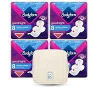 Bodyform Ultra Goodnight Pads with Wings, Super Heavy Flow Night Use, 32 Pads (4×8), Cour-V Ultra Night, Quick Absorb, Odor Neutralizing, Leakproof + Sanitary Bag