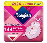 Bodyform Ultra Normal Sanitary Towels with Wings, 144 (24 x 6 Packs) Period Pads, SecureFit Leakage Protection, Ultra-Breathable Top Layer