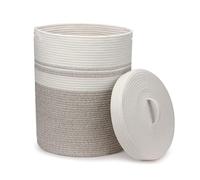 BODYGAD Large laundry Basket with Lid, Cotton Rope Washing Basket Woven Folding Basket Hamper Basket Wash Basket Storage Basket Toy Storage（60L 37cm(D) x52cm(H), White & Brown)