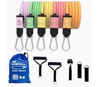 Bodylastics Patented Basic Series Resistance Band Set - 5 Resistance Bands (46 Inch vs PRO 54 Inch), 2 Handles, 2 Ankle Straps, 1 Door Anchor, Carry Bag Snap Reduction Tech (10-200 LBS Set Pastel)