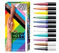 BodyMark by BIC, Temporary Tattoo Marker, Pride Pack, Skin-Safe, Mixed Brush Tip & Fine Tip, Assorted Colors, 11 Markers + 10 Stencils