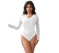 Bodysuit for Women Elegant Lace White Bodysuit V-Neck Mesh Long Sleeve Leotard Short Long Sleeve Leotard Clubwear Tops White Fashion Bodysuit Top
