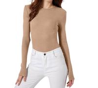 Bodysuits for Women UK Casual Fashion Ribbed Crew Neck Long Sleeve Bodysuit Slim-fit Versatile Stretch Dance Jumpsuit Rompers for Women (Khaki, L)