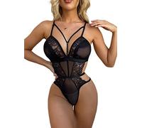 Bodysuits Lingerie Tops for Women Babydoll - One Piece Floral Lace Up Embroidered Jumpsuit Top Halter Nightwear 2XL UK 16 18 Black