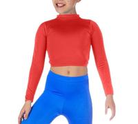 BODYWEAR LTD - Girls Long Sleeve Polo Neck Crop Top - Shiny Nylon - Wardrobe Essential- High Neck - Perfect for Dance, Ballet, Casual Wear, School, Party, Travelling (Red, 9/10 Years)