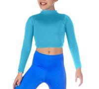 BODYWEAR LTD - Girls Long Sleeve Polo Neck Crop Top - Shiny Nylon - Wardrobe Essential- High Neck - Perfect for Dance, Ballet, Casual Wear, School, Party, Travelling (Turquoise, 9/10 Years)