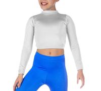 BODYWEAR LTD - Girls Long Sleeve Polo Neck Crop Top - Shiny Nylon - Wardrobe Essential- High Neck - Perfect for Dance, Ballet, Casual Wear, School, Party, Travelling (White, 7/8 Years)