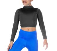 BODYWEAR LTD - Girls Long Sleeve Polo Neck Crop Top - Shiny Nylon - Wardrobe Essential- High Neck - Perfect for Dance, Ballet, Casual Wear, School, Party, Travelling (Black, 13/14 Years)