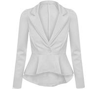 BODYWEAR LTD Ladies Slim Fit Peplum Blazer Coat with Long Sleeves, Cropped Frill Hem Design, Elegant Stretch Fabric, Office or Evening Wear Jacket (Off-White,16)
