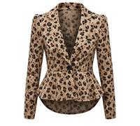 BODYWEAR LTD Ladies Slim Fit Peplum Blazer Coat with Long Sleeves, Cropped Frill Hem Design, Elegant Stretch Fabric, Office or Evening Wear Jacket (Leopard Print, 16)