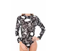 BODYWEAR LTD Ladies Turtle Neck Bodysuit Ladies Long Sleeve Stretch Leotard Top Sizes (Skull Rose, 12-14)
