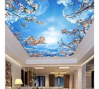 BOEERLCNL PVC self Adhesive 3D Ceiling Wallpaper Romantic Blue Sky White Clouds Cherry Blossom Living Room Bedroom roof Sticker Wall Mural