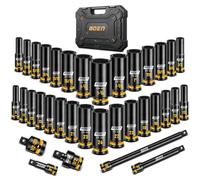 boen 1/2'' Drive Impact Socket Set, 35PCS SAE (3/8 to 1-1/4 inch) and Metric (8mm-24mm), Deep Socket Set, 6-Point with Yellow Embossed Marking, CR-MO