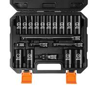 BOEN 1/2" Drive SAE Deep Impact Socket Set, 19 Piece Cr-V Steel Socket Set SAE Size 3/8" to 1-1/4", Includes Extension Bars, Universal Joint and Adapter, 6 Point Design, Meets ANSI Standards