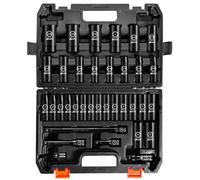 Boen 35-Piece 1/2" Drive Deep Impact Socket Set - SAE 3/8"-1-1/4" & Metric 8-24mm, Extensions, Joint & Adapter, Cr-V Steel, Double Lock Case