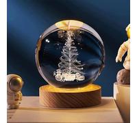 BOENJOY 3D Crystal Ball Christmas Tree Luminous Lamp with Wooden Base | Warm White Light for Bedroom Decor, Birthday Gift (No Switch- Only Cable)