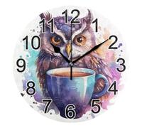 BOENLE Owl Coffee Cup Wall Clock Non Ticking Silent Kitchen Clock Large Decorative Battery Operated Clocks 10 inch for Living Room Bedroom Decor