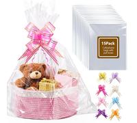 Boensi 15 Pack Extra Large Cellophane Bags with Pull Bows,70x100cm Clear Hampers Bags for Gift Baskets,Halloween, Easter, Christmas Fruit Basket and Gift Packaging