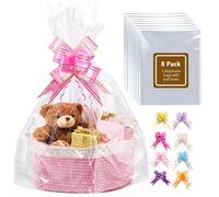 Boensi 8 Pack Extra Large Cellophane Bags with 8 Pull Bows,70x100cm Clear Hampers Bags for Gift Baskets,Halloween, Easter, Christmas Fruit Basket and Gift Packaging