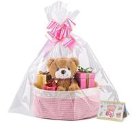 Boensi Hamper Basket 30x20x12cm, Empty Woven Rope Gift Basket with Cellophane Bags & Pull Bows - Hamper Kit for Christmas,Easter,Halloween,Wedding,Birthday,Housewarming(White/Pink）