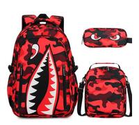 BOENZONE Backpack for Boys, Cool Luminous Boy Backpack with Lunch Box, Sling Bag & Pencil Case for Kids, Black Red, M, Backpack