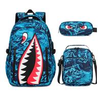 BOENZONE Backpack for Boys, Cool Luminous Boy Backpack with Lunch Box, Sling Bag & Pencil Case for Kids, Blue Graffiti, M, Backpack