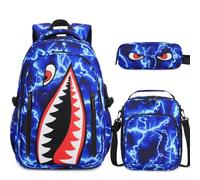 BOENZONE Backpack for Boys, Cool Luminous Boy Backpack with Lunch Box, Sling Bag & Pencil Case for Kids, Blue Lightning, M, Backpack