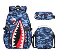 BOENZONE Backpack for Boys, Cool Luminous Boy Backpack with Lunch Box, Sling Bag & Pencil Case for Kids, Black Blue, Medium