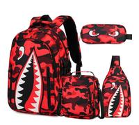 BOENZONE Backpack for Boys, Cool Luminous Boy Backpack with Lunch Box, Sling Bag & Pencil Case for Kids, Black Red, Medium