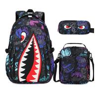 BOENZONE Backpack for Boys, Cool Luminous Boy Backpack with Lunch Box, Sling Bag & Pencil Case for Kids, Black Purple, M, Backpack