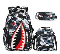 BOENZONE Backpack for Boys, Cool Luminous Boy Backpack with Lunch Box, Sling Bag & Pencil Case for Kids, Black White, M, Backpack