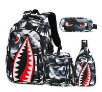 BOENZONE Backpack for Boys, Cool Luminous Boy Backpack with Lunch Box, Sling Bag & Pencil Case for Kids, Black White, M, Backpack