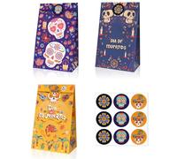 Boerni 24Pcs Day of The Dead Gift Bags, Dia De Los Muertos Decorations Treat Bag, Halloween Sugar Skull Goodie Candy Bags with Stickers for Mexican Day of The Dead Party Favor Decoration