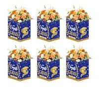 Boerni 6-Pack Congrats GRAD Square Flower Gift Boxes - 8x8x8 Inches Graduation Centerpiece Decor, Blue & Gold Wine Gift Box Holder with Floral Arrangement, Party Supplies